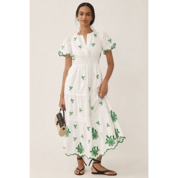 Women's Anthropologie The Somerset Maxi Dress Eyelet Tiered Smocked Green sz 2X - Picture 1 of 5